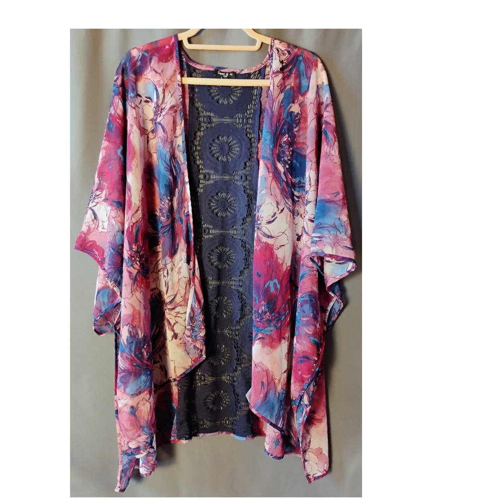 Sami & Jo Plus Size 1X Floral Open Front‎ Kimono Cardigan Pink Blue